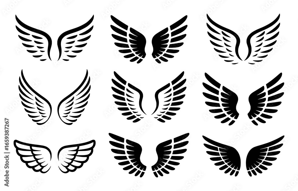 Fototapeta premium Collection of nine black stylized wing icons on a white background wings angel