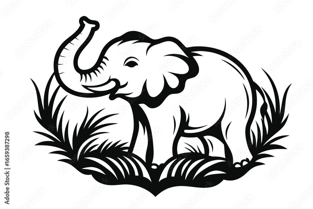 Obraz premium Standing Elephant in Grass with Raised Trunk and Monochrome vector, on white