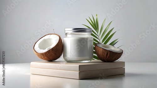 coconut oil jar on a podium platform