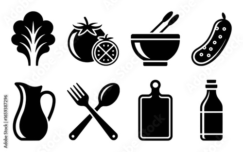 Collection of kitchen and food preparation icons in black silhouette style Keywords: food, kitchen, cooking, ingredients, healthy, fresh, meal