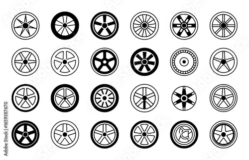 Collection of twenty four black and white car wheel icons on a white background automobile wheel