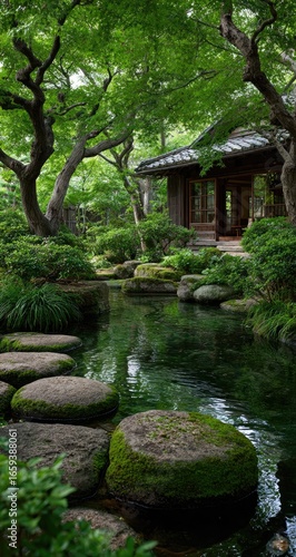 Wallpaper Mural Tranquil Japanese garden with moss-covered rocks, a flowing stream, and a traditional house Torontodigital.ca