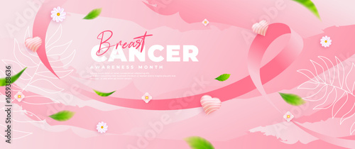 Breast cancer awareness month banner with pink ribbon element