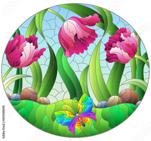 Illustration in the style of a stained glass window with flowers of tulips and butterflies against the sky