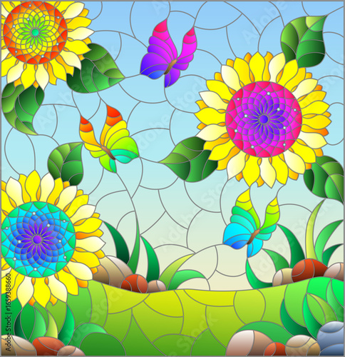 A stained glass illustration with bright sunflowers and butterflies on a meadow and sky background