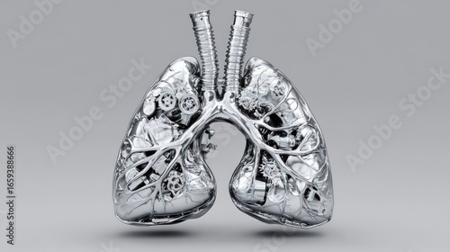 Metallic lungs with gears represent the respiratory system as mechanical entity