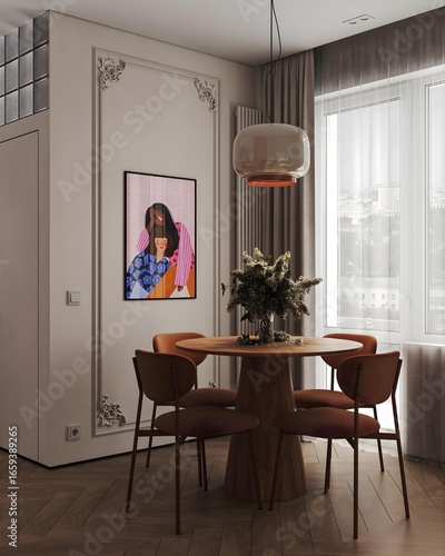 Fabulous and modern kitchen with a stylish kitchen table in a luxurious design style..