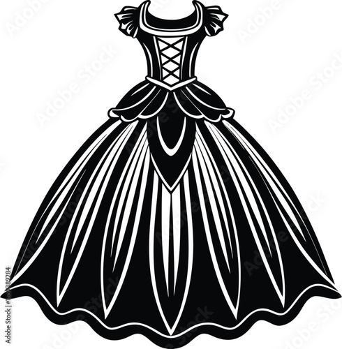 Vector art of elegant black and white ballgown silhouette, featuring a classic design with a fitted bodice and a full skirt, perfect for formal events and special occasions