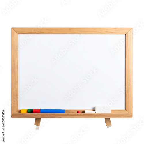 Blank White Easel Board with Markers and Eraser, Top-Down Composition, Isolated