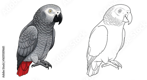 African Grey Parrot Dual Tone Coloring Sheet Realistic and Line Art for Kids