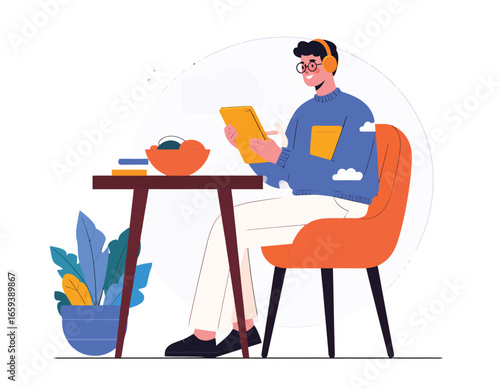Modern flat vector illustration of a young man comfortably working, studying, or enjoying media at home, demonstrating remote productivity and digital lifestyle.