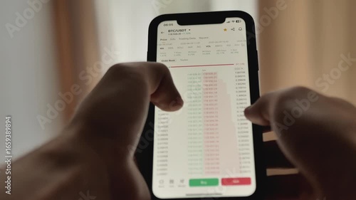 Close-up of hands using a smartphone cryptocurrency trading app with a BTC/USDT candlestick chart. The user zooms and scrolls through price action in a warm home interior