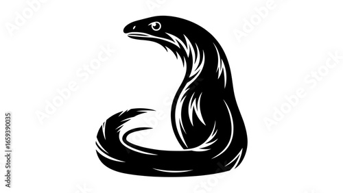 Stylized snake with coiled body and raised head – Serpent grace, Graphic tension, Symbolic transformation, snake, reptile, abstract, tattoo