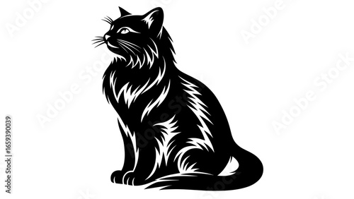 Fluffy cat silhouette with curled tail and upward gaze – Feline elegance, Stylized poise, Symbolic independence, cat, animal, pet, abstract
