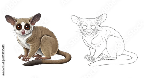 African Lesser Bushbaby Coloring Page Contrast Views Dual Art Color and Outline