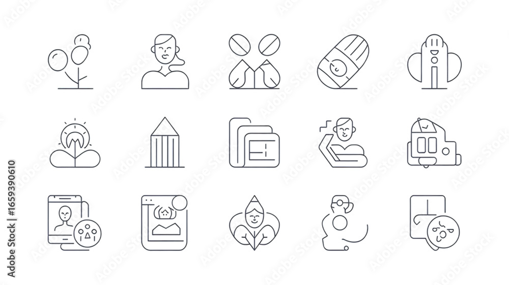 Fototapeta premium Diverse line art icons representing business, life, and technology concepts for modern design needs.