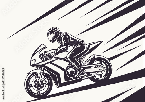 Stylized Motorcyclist Illustration, Dynamic Motorcycle Graphic, Motion Lines, Black and White Digital Art