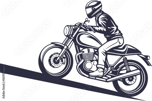 Stylized Motorcyclist Illustration, Dynamic Motorcycle Graphic, Motion Lines, Black and White Digital Art