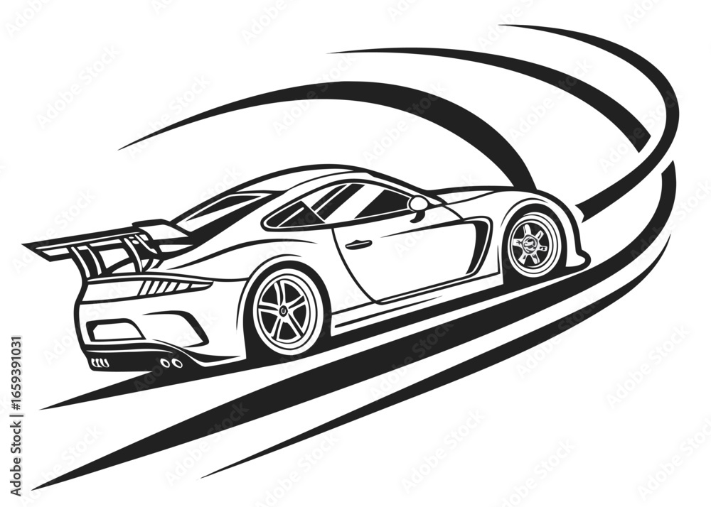 Fototapeta premium Sleek Race Car Vector Logo, Stylized Silhouette Template, High-Speed Motion Graphic, Minimalist Monochrome Design