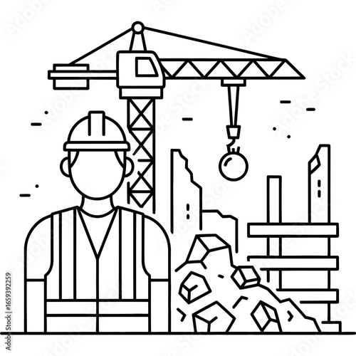 Industrial Demolition Site with Worker and Crane Construction and Urban Development Illustration