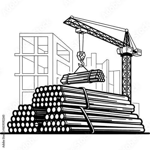 Construction Crane Lifting Steel Bars in Black and White Illustration