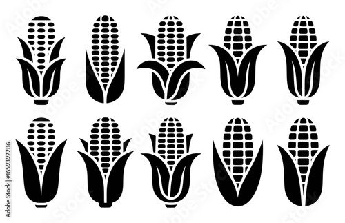 Set of Black Corn Icons with Husks and Kernels on White Background maize grain