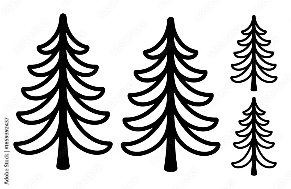 Obraz premium Set of Black Outline Christmas Tree Icons on White Background pine tree fir tree