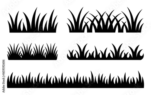 Set of black silhouette illustrations of grass borders and tufts Keywords: grass, lawn, meadow, field, nature, greenery, plant, vegetation, growth