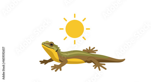 Illustration of a basking lizard enjoying the warmth of the sun on a bright day, showcasing a simple yet cheerful depiction of nature and wildlife