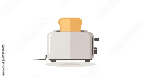 Simple flat vector illustration of a toaster with bread slice on white backdrop representing modern appliance and breakfast themes