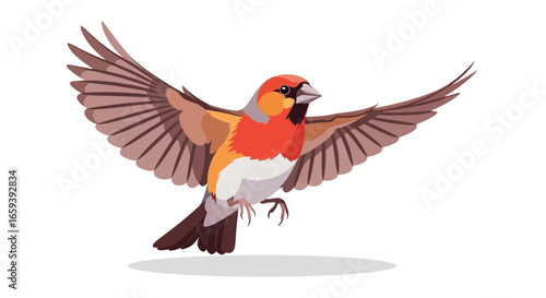 Vibrant sparrow taking flight with outstretched wings poised against a pristine white backdrop in digital artistry