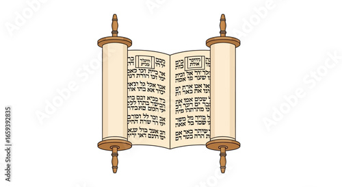 Illustrated torah scroll on a white background symbolizing faith, education, and cultural heritage presented in a clean and artistic style