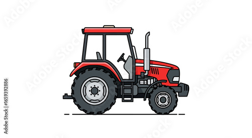 Illustration of a Red Farm Tractor on White Background with Clean Design and Black Outlines, A Modern Take on Agricultural Machinery