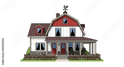 Idyllic Farmhouse Illustration with Weather Vane, Front Porch and Picket Fence, Evoking Serenity and Rural Charm