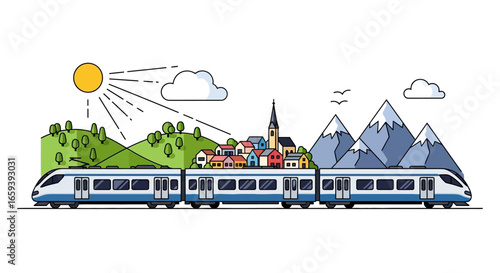 Stylized vector illustration of a high-speed train journeying through a scenic landscape dotted with quaint European village and snowy mountain peaks