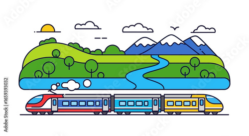 Scenic Train Journey Through Nature's Splendor: A Linear Graphic of a Modern Train Amidst Rolling Hills and Mountain Peaks