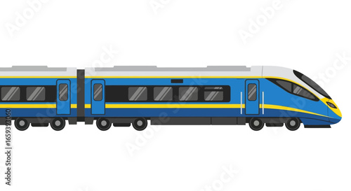 Illustration of a modern high-speed train with blue and yellow accents, isolated on a clean white background providing a simplistic, clean visual