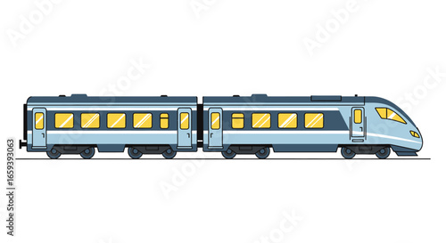 Stylized illustration of a high-speed passenger train with blue carriages and lit windows, isolated on white, evoking modern travel and urban