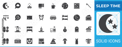 Sleep time solid glyph icon set
