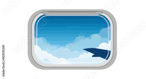 Illustration of a stunning cloudscape view through an airplane window, symbolizing travel and the beauty of flight experiences