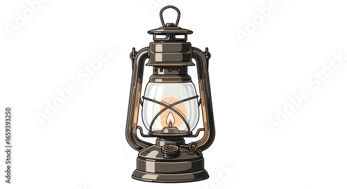 Vintage Oil Lantern Illustration with Glowing Flame on White Background for Designs and Decoration