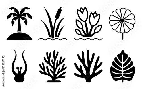 Set of eight black silhouette icons depicting tropical and aquatic plants and coral palm tree