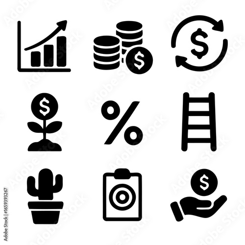 Financial Icon Collection: A selection of financial icons representing growth, investment, and economic concepts in a clean and modern style.