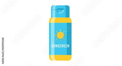 Vibrant sun protection: Sunscreen bottle graphic illustration for summer health awareness and cosmetic protection needs vector cartoon style design