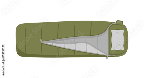 Illustration of an unzipped olive green sleeping bag, featuring a zipper, pillow, and a white background symbolizing outdoor adventures and camping