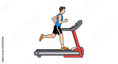 Cartoon illustration of a man jogging on a treadmill for a fitness concept or a gym exercise with workout program to lose weight at home