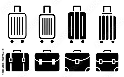 Set of eight black silhouette icons depicting various suitcases and briefcases on a white background