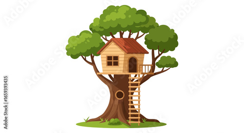 Whimsical treehouse fantasy featuring wooden ladder and lush foliage in cartoon style, perfect for childhood adventure themes offering safe and
