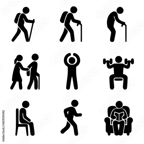 Daily Activities of the Elderly: An assortment of illustrations detailing everyday activities of senior, focusing on exercise, leisure, and assistive tools.