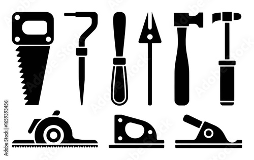 Set of eight black silhouette icons of carpentry and woodworking tools on a white background